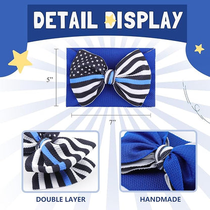 YanJie 7" Baby Girls Headbands National Police Week Hair Bow Blue Line Flag Printed Headbands Police Support Nylon Headband Infant Bows Gift
