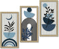 Putuo Decor Boho Abstract Wall Art, Set of 3, Modern Botanical Wooden Wall Decor, Blue Mid-Century Minimalist Framed Artwork for Living Room Bedroom, Office