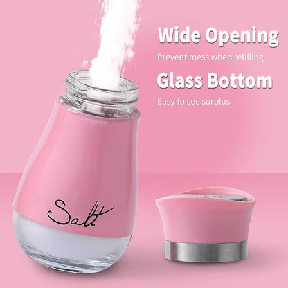 Lonffery Salt and Pepper Shakers Set - Salt Containers for Gifts, Kitchen Decor, Home, RV, Camp, BBQ, 4 oz Farmhouse Spice Dispenser with Glass Bottom, Pink, Set of 2