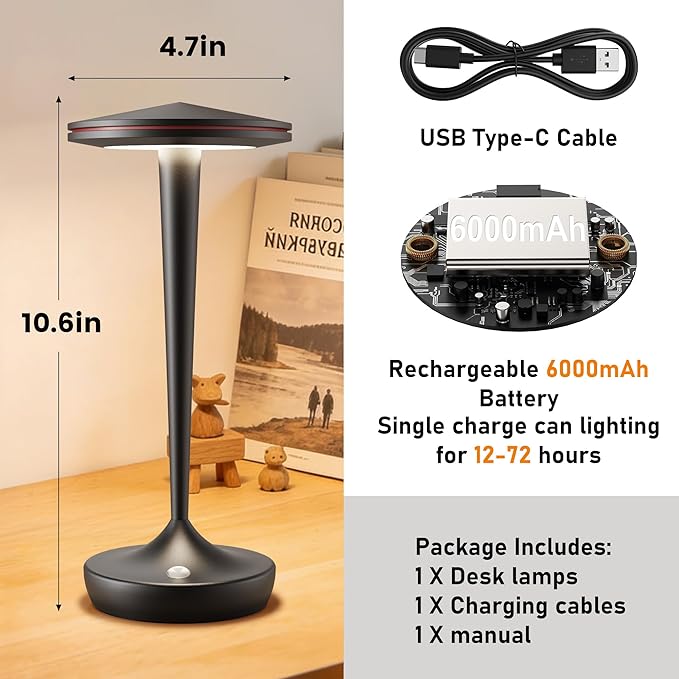 YHT CordlessTable Lamps Rechargeable, 6000mAh Battery Portable LED Touch Led Table Lamp, 3-Color Stepless Dimming & Memory Function, for Outdoor, Dinning, Patio, Restaurant, Kitchen (Black)