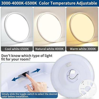 12 inch Flush Mount Led Ceiling Light Fixture, 24W 2400LM, Dimmable 3000K 4000K 6500K Adjustable, Modern Brushed Nickel Ceiling Lamp for Bedroom, Kitchen, Home Office, Hallway, Wired