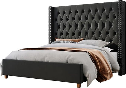 Jocisland King Size Bed Frame with 61.4" Tall Headboard, Velvet Upholstered Wingback Platform Design, Handcrafted Pleats& Deep Button Tufted, Solid Wood Legs, No Box Spring Needed, Black