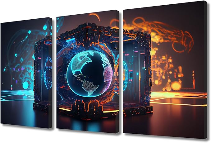 3 Panels Concept Pictures Print On Canvas Wall Art for Home Hotel Decoration, Cyber Space 3D Wall Art Framed Wall Art Neon Artwork Giclee Wooden Framed Ready to Hang, 36" Wx24 H