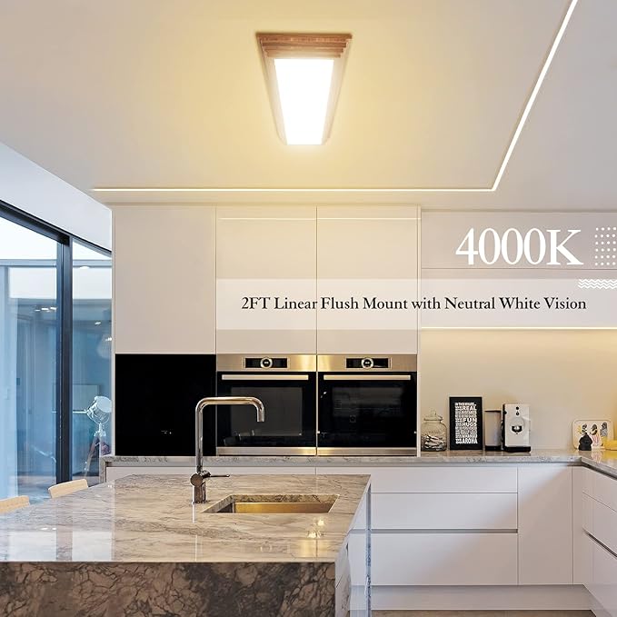 FAITHSAIL 2FT LED Light Fixture with 3000K/4000K/5000K CCT Selectable Dimmable 2 Foot LED Linear with Wooden Look 30W 3300LM Flush Mount Ceiling Wraparound for Kitchen, Bedroom, Laundry, 2 Pack