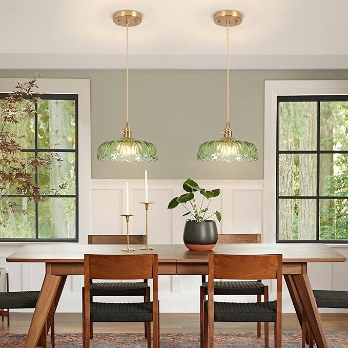 Battery Operated Pendant Light,Vintage Light Fixtures RGB Light Bulb 2500mAh 9.4in Green Modern Chandelier with Remote Control Wireless Adjustable Rechargeable Chandelier for Kitchen Island 2Pack