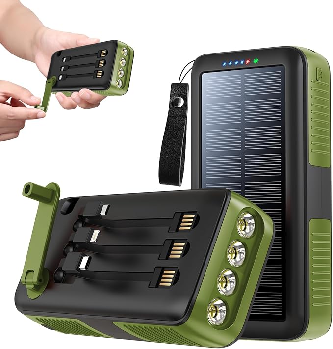 Solar Charger Power Bank 63200mAh, Portable Charger with Dual Outputs & Dual Inputs 4 LEDs Flashlight, Hand Crank Power Bank Fast Charging Battery Pack for Outdoor Camping Survival Gear (army green)