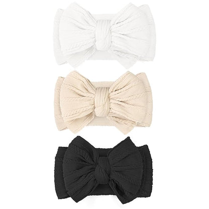 JOYOYO 3 Pcs Soft Wide Turban Baby Headbands with Double-Layer Bow for Baby Girls, Newborns, Toddlers(White, Beige, Black)