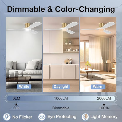 52inch Wood Ceiling Fans with Lights and Remote,Low Profile Modern Ceiling Fan with Light,Outdoor Indoor Flush Mount Ceiling fan,for Bedroom Living room Patio,White Gold,3 Blades,Reversible,Quiet