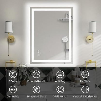 20"x 28" LED Bathroom Mirror with Front and Backlight, Stepless Dimmable Bathroom Mirrors with Anti-Fog, Lighted Bathroom Vanity Mirror for Wall, Shatter-Proof Led Mirror for Bathroom