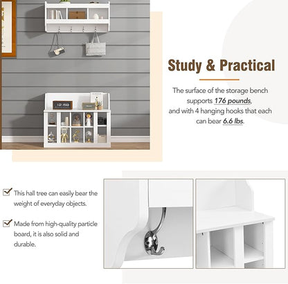 Shoe Storage Bench with Shelves and 4 Hooks, Entryway Hall Tree with Shoe Cabinet with Coat Rack
