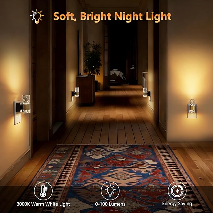 LED Night Lights Plug into Wall 2 Pack, Acrylic Nightlight with Dusk to Dawn Sensor, 0-100LM Stepless Dimmable, 3000K Soft Light, Wall Sconce Night Light Plug in for Bathroom Hallway Room