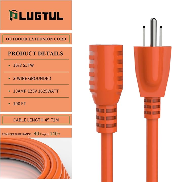 Outdoor Extension Cord 100 FT Waterproof, 16/3 Gauge Heavy Duty 3 Prong Extension Cord, 13A 1625W SJTW, ETL Listed, Great for Garden and Home, Orange