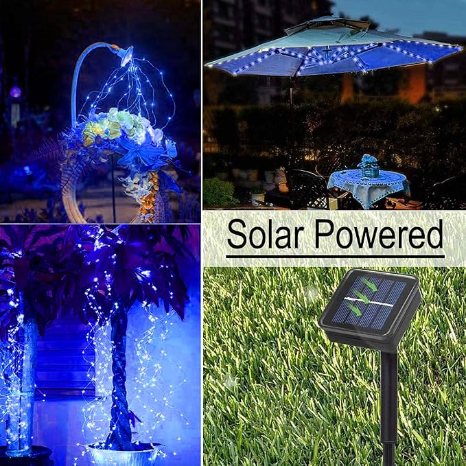 Solar Fairy String Lights Outside Blue, Multi Strand 180 LEDs Watering Can Light for Outdoor, Waterproof Solar Powered Waterfall Lights, Firefly Bunch Lights for Garden Décor