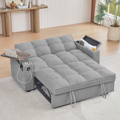 65'' Convertible Sleeper Sofa Bed with Adjustable Backrest, Chaise Lounge, Side Table & USB/Type-C Ports – Stylish & Functional Addition to Any Living Room (Light Grey)