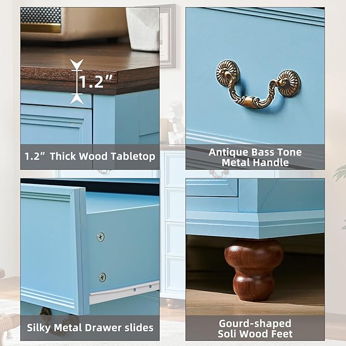 Farmhouse 4 Drawer Dresser for Bedroom, 37" Tall Rustic Chests of Drawers w/ 4 Solid Wood Feet, Mid Century Modern Wooden Closet Storage Dressers Organizer for Living Room, Hallway, LightBlue
