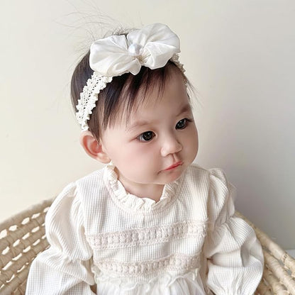 Baby Girls Hairband White Bow Lace Headbands Handmade Soft Stretchy Bowknot Hairbands Newborn Headband with Bows Pearls Elastic Head Band for Newborn Infant(Beige Satin Bow)