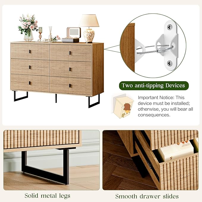 Modern Chest of Drawers with 6 Drawers,Deep Drawers,Clothes Organizer,Large Storage Cabinet for Living Room, Bedroom,Hallway,with Anti-Tipping Device,Wood