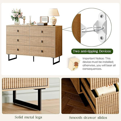 Modern Chest of Drawers with 6 Drawers,Deep Drawers,Clothes Organizer,Large Storage Cabinet for Living Room, Bedroom,Hallway,with Anti-Tipping Device,Wood