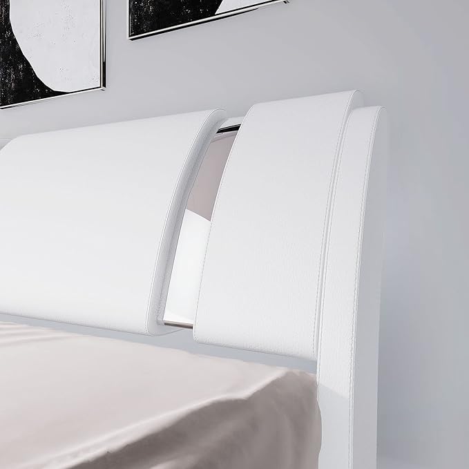 Allewie King Size Bed Frame with Iron Piece Decor, Faux Leather Upholstered Platform Bed with Curved Adjustable Headboard, Wooden Slats Support, No Box Spring Needed, Modern White