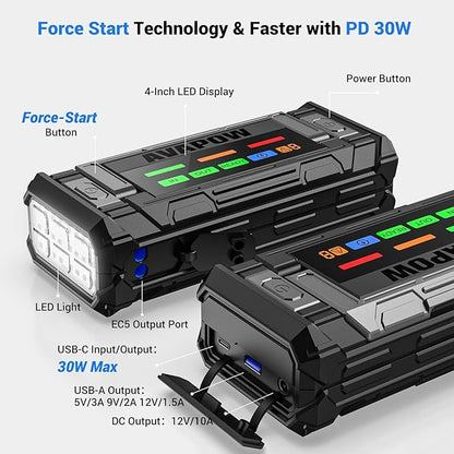 AVAPOW 8000A Battery Jumper Starter Portable with 4″ HD Display PD 30W Dual-Way Fast Charging, 12V Car Starter Jump Box & Battery Booster for All Gas & Up to All Diesel Engines