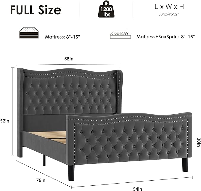 Full Bed Frame with Tall Headboard & Footboard, Velvet Upholstered Platform Bed Frame with Deep Button Tufted Wingback, No Box Spring Needed, Noise Free, Grey