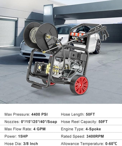 4400 PSI Gas Pressure Washer with Hose Reel, Electric Start, 296cc 15HP Engine 4GPM, Includes 50 FT 3/8 inch Hose, 5 Quick Connect Nozzles, Spray Gun and Wand