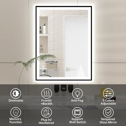 24x32 LED Bathroom Mirror with Lights, Black Aluminum Framed, Backlit + Front Lit, Lighted Bathroom Vanity Mirror for Wall, Anti-Fog, Memory Function, Dimmable, Shatterproof ETL Listed