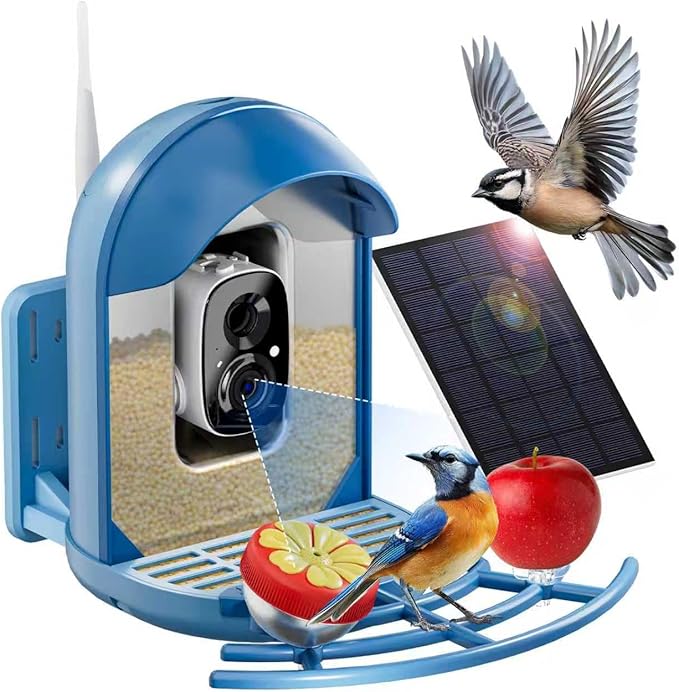 Bird Feeder with Camera, Smart Birdfeeder with Cam Solar Powered, 2K HD Video, AI Identification, Instant Arrival Alerts, IP66 Bird Bath & Feeder,Gift for BirdLover (with Stand, Blue)