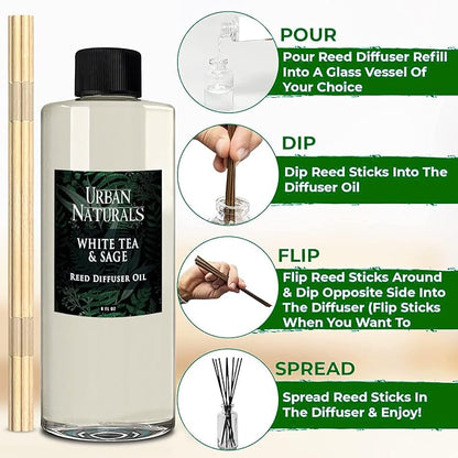 Urban Naturals Reed Diffuser Oil Refill White Tea Sage with Bergamot, Soft Herbal Notes 8 oz + Free Reed Sticks, Made in the USA