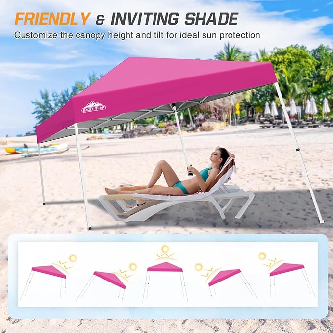EAGLE PEAK 10x10 Slant Leg Pop-up Canopy Tent Easy One Person Setup Instant Outdoor Beach Canopy Folding Portable Sports Shelter 10x10 Base 8x8 Top (Pink)