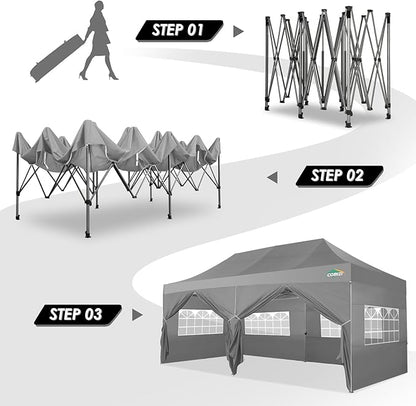 COBIZI 10x20 Canopy with Sidewalls, Heavy Duty Party Tent Pop up carpas para Fiestas, Tents for Parties, Wedding, Outdoor Ez up Foldable Portable Canopy Tent with Wheeled Bag, Grey(Windproof Upgrade)