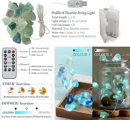 Natural Fluorite LED String Lights for Bedroom 6.5 FT USB/Battery Operated Blue Fairy Lights Sea Glass Crystal Decor Perfect Decorative Light for Bedroom Sea Glass Christmas Tree Kit