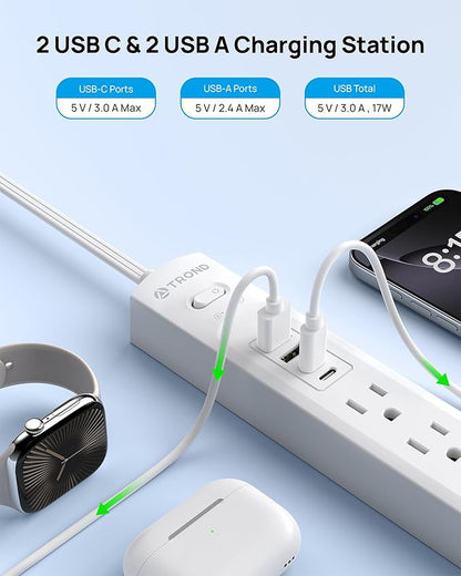 TROND 360° Rotating Plug Surge Protector Power Strip, 2 USB C and 2 USB A, 5 Widely Spaced Outlets, 1440J Surge Protection, Wall Mountable, Flat Cord Extension Cord 10ft for Home Office Dorm, White