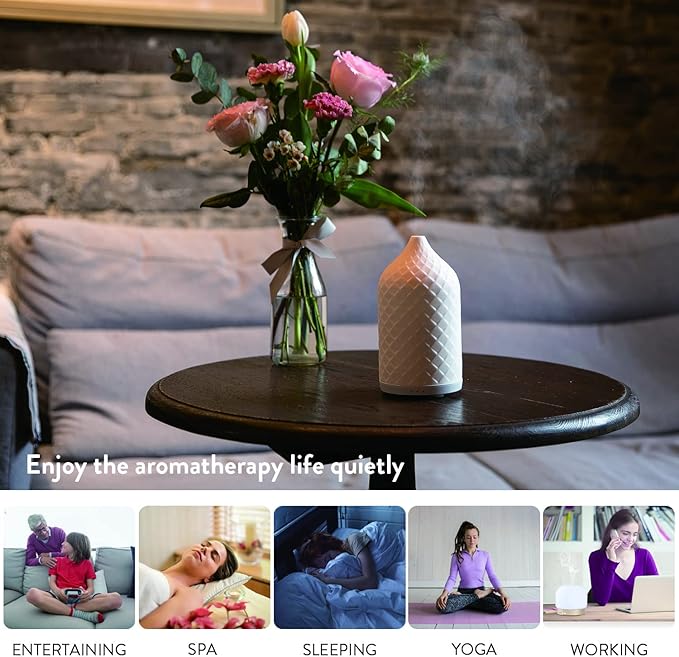 Essential Oil Diffuser for Home, Ceramic Aromatherapy Diffuser for Essential Oils, 120ml Oil Diffuser with Waterless Auto-Off and 7 LED Lights for Large Room Yoga Spa (White)