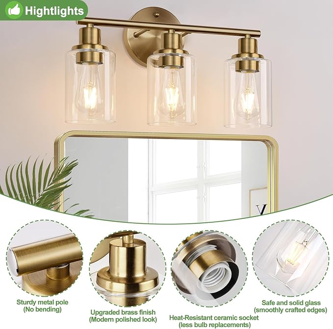 3-Light Bathroom Light Fixtures, Brushed Brass Bathroom Wall Lights with Clear Glass Shade, Modern Bathroom Wall Lamp for Mirror Kitchen Living Room Hallway Cabinet