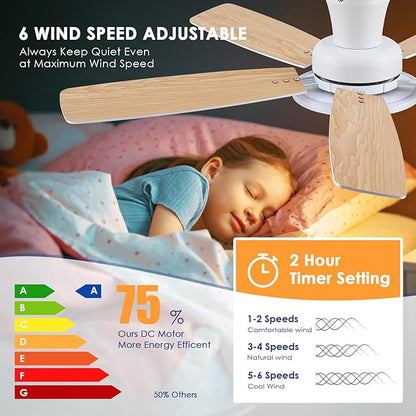 Flush Mount RGB Ceiling Fan with RGB Light - 52In White Ceiling Fan Light with Reversible Mute Motor, 3CCT LED Dimmable, Low Profile Modern Ceiling Fans for Indoor, Party, Living Room