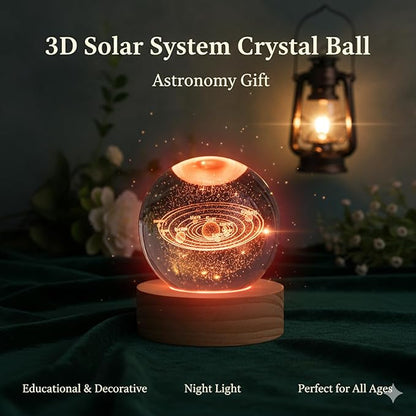 3D Galaxy Crystal Ball Night Light 60mm, 7 Color LED Glass Sphere Lamp with Wooden Base, Crystal Globe Orb Bedroom Decor, Unique Space Gift for Teen Boys Girls(Heart Cloud)
