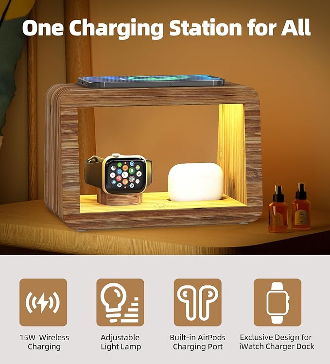 Bamboo Charging Station for Multiple Devices, 15W Fast Wireless Charger Night Light with 3 Color& 4 Adjustable Brightness, Night Stand Charger Station for iPhone/iWatch/AirPods (6953)