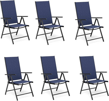 MFSTUDIO Patio Folding Chairs Set of 6, Outdoor Patio Dining Chairs, Portable Blue Sling Patio Chairs, 7 Levels Adjustable Sling Back Chairs for Backyard Lawn Garden