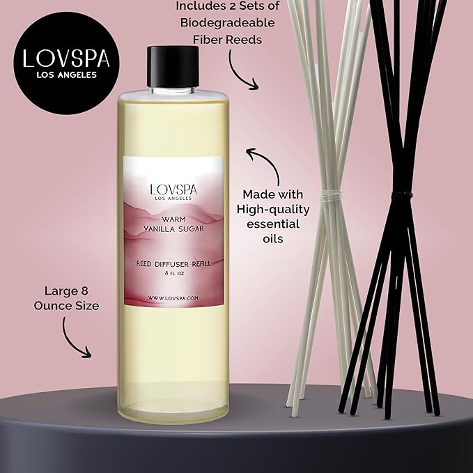 LOVSPA Warm Vanilla Sugar Diffuser Oil - Essential Oils for Diffuser Refill & Air Freshener Room Spray - Long-Lasting & Natural Home Fragrance, Scented Oil for Diffusers, USA Made, 8 oz