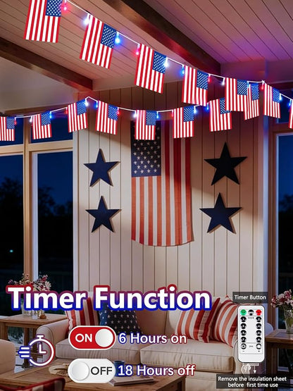 4th of July Patriotic Lights, 2PK 48FT 100LED Red White Blue String Lights with 50 American Flags, Battery Operated Waterproof 8 Modes & Remote & Timer for 250th Anniversary Independence Day Decor