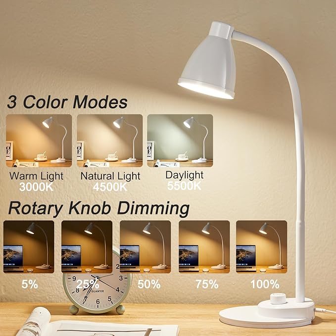 BOHON LED Desk Lamp with USB Charging Port, 3 Color Modes Dimmable Reading Lamp, Auto Dimming Task Lamp, Flexible Neck Table Light for Dorm Bedside, Adapter Include, White