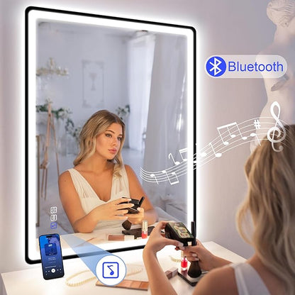 STARLEAD 28"x36" Black Frameless LED Bathroom Mirror with Bluetooth Speaker, 3 Color Temperature, Stepless Dimming, Anti-Fog, Touch Control, Wall-Mounted Vanity Mirror, Vertical or Horizontal