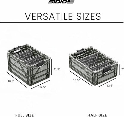 SIDIO CRATE Starter Pack - Two Full Size and One Half Size Heavy Duty Stackable Storage Bins, Totes with Lids and Dividers - Durable Organizer for Home, Office, Garage, and Outdoor Use - Stealth