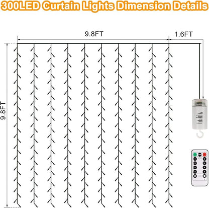 Christmas Battery Curtain Lights Warm White with Remote Timer 9.8×9.8ft