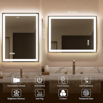 24"X32" LED Bathroom Mirror with Lights, Mirror for Bathroom Wall with Frontlit and Backlit, IP54 Enhanced Anti-Fog, Bathroom Vanity Mirror 3 Colors Dimmable CRI>90 Double Lights, HD Tempered Glass