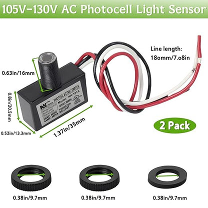 2-Pack 105V-130V AC Photocell Light Sensors，Automatic Dusk-to-Dawn Illumination Switches - Weatherproof，Fit for Outdoor Lighting， Photoelectric Controls with Sunrise & Sunset Detection