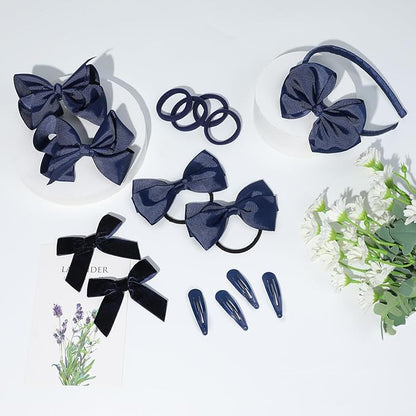 DEEKA Navy Blue Hair Accessories Set - 15 Pieces Uniform Hair Bows, Hair Clips, Headband, Hair Ties for Little Girls - Navy Blue