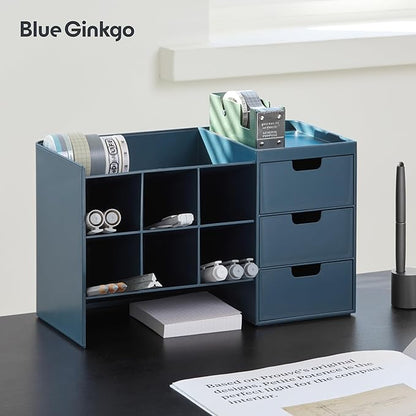 BLUE GINKGO Hive Stack Desk Organizer – Stackable Pen Holder, Stationary Organizer with Drawers - Office Storage, School Supplies, Makeup (Made in Korea, Blue)