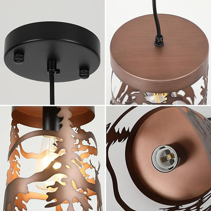 Rustic Bear Pendant Lights, 1-Light Brushed Bronze Round E26 Base Cage Metal Fixture Adjustable Hanging Height for Kitchen Island, Hallway, Dining Room,Foyer,Bedroom(No Bulb Included)